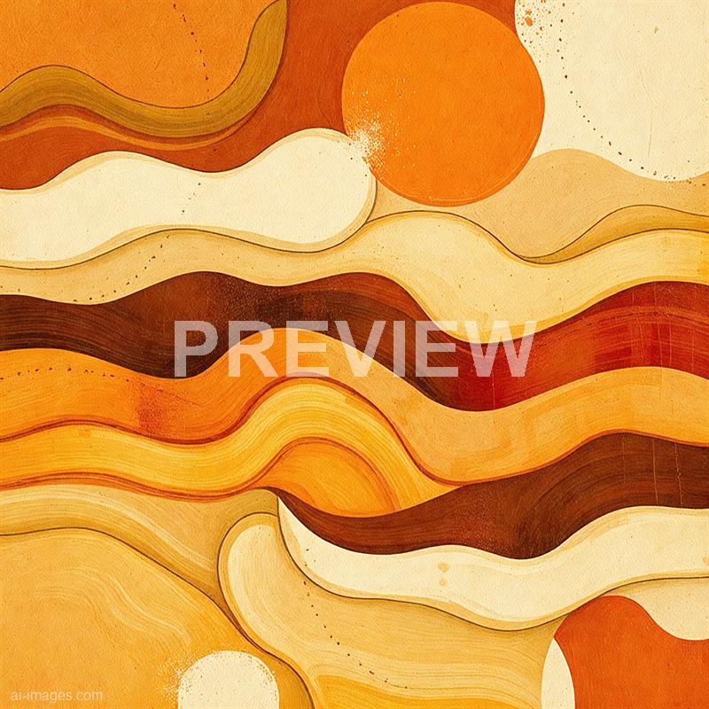 The image features an abstract design composed of flowing, wavy lines and shapes in warm earthy tones such as orange, yellow, beige, and brown. There is a prominent orange circle near the top right, resembling a sun, with textured details and a white splatter effect near its edge. The background consists of layered, curved bands that create a sense of movement and depth, with some dotted textures scattered throughout the composition. The overall aesthetic is warm, dynamic, and reminiscent of a stylized landscape or sunset scene rendered in a painterly, abstract style.